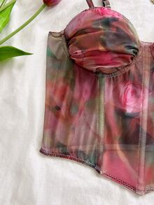 Soleia Women's Watercolor Rose Print Shoulder Strap Bustier Top With Fishbone - Multicolor - View 6