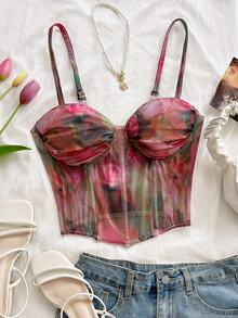 Soleia Women's Watercolor Rose Print Shoulder Strap Bustier Top With Fishbone - Multicolor - View 3