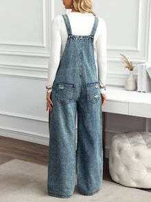 EMERY ROSE Women's Pocket Distressed Wide Leg Denim Jumpsuit - Blue - View 2