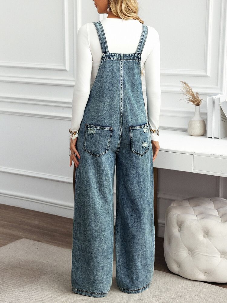 EMERY ROSE Women's Pocket Distressed Wide Leg Denim Jumpsuit - Blue - View 2
