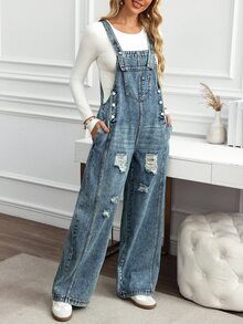 EMERY ROSE Women's Pocket Distressed Wide Leg Denim Jumpsuit - Blue - View 5