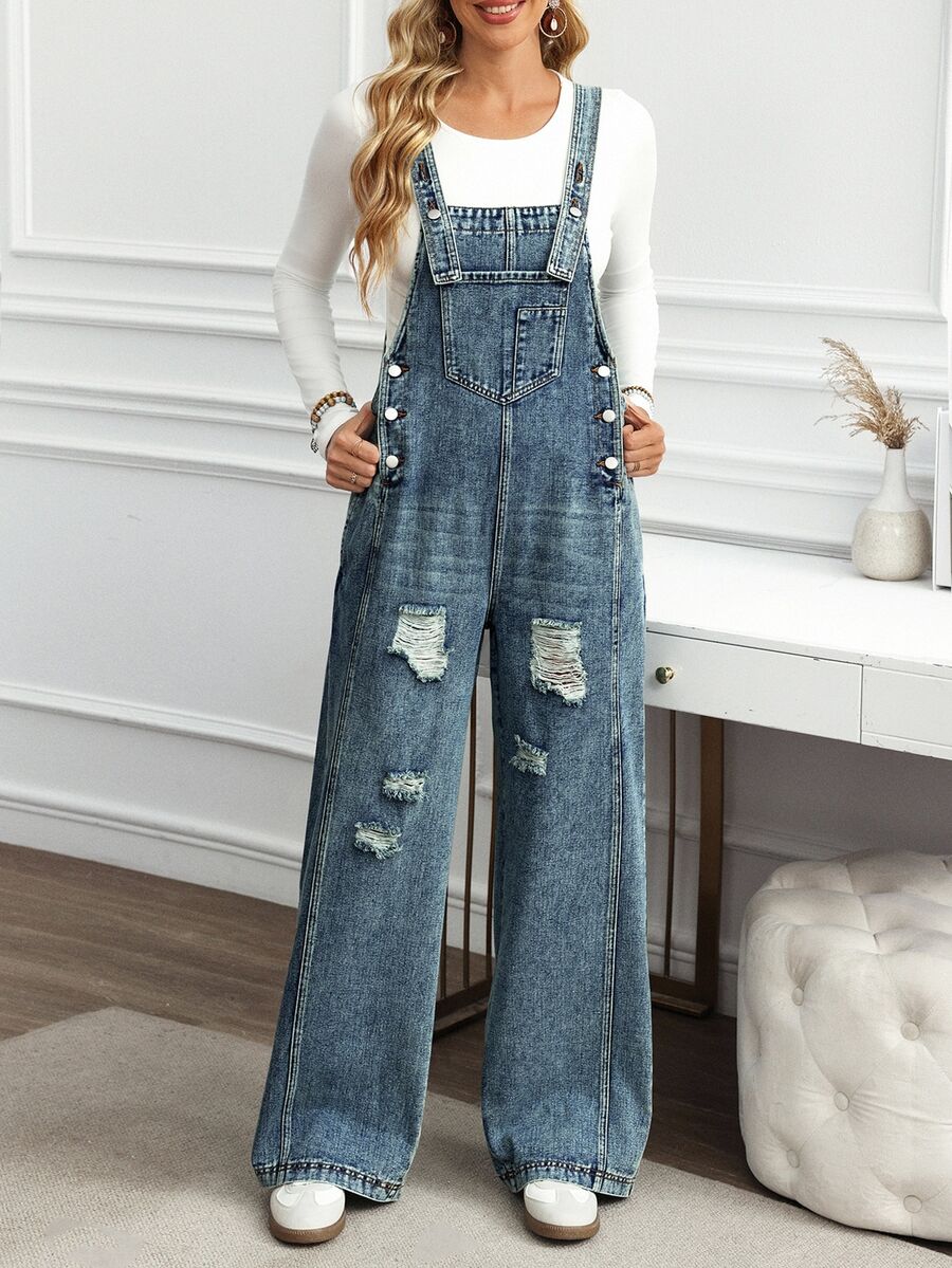 EMERY ROSE Women's Pocket Distressed Wide Leg Denim Jumpsuit - Blue - View 1