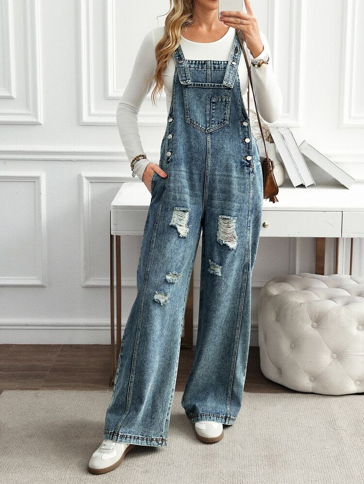 EMERY ROSE Women's Pocket Distressed Wide Leg Denim Jumpsuit - Blue - View 6