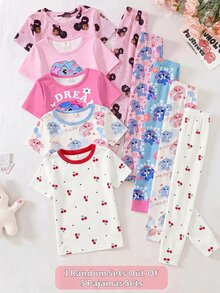 SHEIN 女童 5 套買 1 送 1 舒適可愛印花針織睡衣套裝 休閒居家服 夏季青少年服飾 修身版型 度假夜穿 白色 - 彩色 - 查看 1