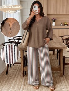 Weeklong Casual Solid Color Shirt And Maroon Beige Pants 2 Pieces Set, Plus Size Vacation Fall Winter 2026 - Multicolor - View 1