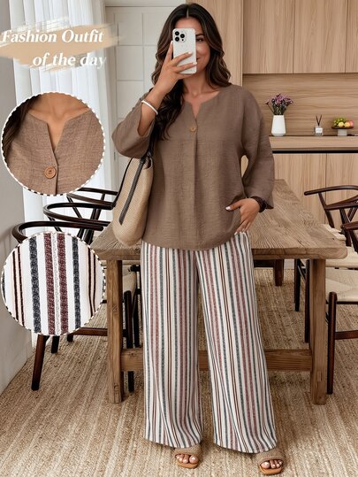 Weeklong Casual Solid Color Shirt And Maroon Beige Pants 2 Pieces Set, Plus Size Vacation Fall Winter 2026