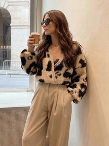 Serisse Women Leopard Print V Neck Cross Front Long Sleeve Ribbed Hem Knit Sweater Pullover,Collar Animal Print Sweater,Elegant Casual Fall Winter Top - Multicolor - View 12
