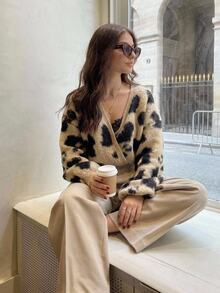 Serisse Women Leopard Print V Neck Cross Front Long Sleeve Ribbed Hem Knit Sweater Pullover,Collar Animal Print Sweater,Elegant Casual Fall Winter Top - Multicolor - View 4