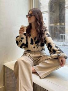 Serisse Women Leopard Print V Neck Cross Front Long Sleeve Ribbed Hem Knit Sweater Pullover,Collar Animal Print Sweater,Elegant Casual Fall Winter Top - Multicolor - View 1