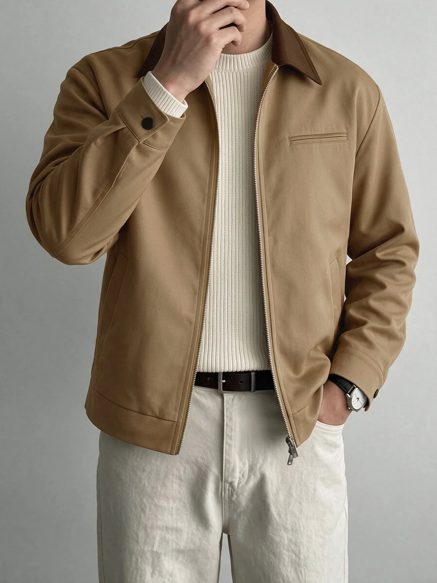 HUEFORM Men's Colorblock Zipper Casual Versatile Daily Travel Long Sleeve Jacket - Khaki - View 1