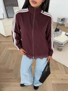 Siren Gaze Women's Colorblock Casual Streetwear Versatile Daily Wear Long Sleeve Sweatshirt Everyday Race Day White And Burgundy Striped Fall Going Out - Red and White - View 2