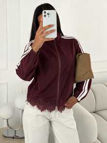 Siren Gaze Women's Colorblock Casual Streetwear Versatile Daily Wear Long Sleeve Sweatshirt Everyday Race Day White And Burgundy Striped Fall Going Out - Red and White - View 3