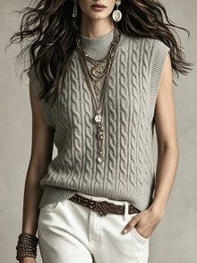 SHEIN Women's Cable Knit Stand Collar Casual Versatile Knit Vest - Mocha Brown - View 1