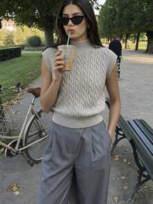 SHEIN Women's Cable Knit Stand Collar Casual Versatile Knit Vest - Mocha Brown - View 6