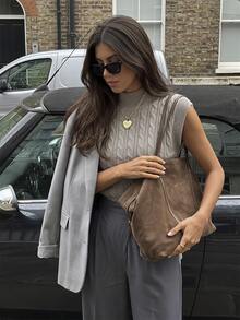 SHEIN Women's Cable Knit Stand Collar Casual Versatile Knit Vest - Mocha Brown - View 4