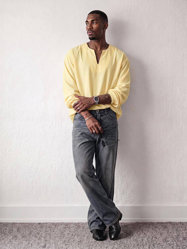 Mainfolk Men's Casual Long Sleeve Collarless Loose Fit Solid Color Shirt - Yellow - View 3