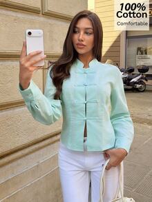 Siren Gaze Autumn New Pure Cotton Frog Button Shirt For Women - Mint Blue - View 1