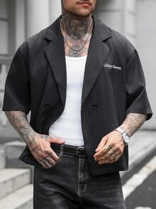 Manfinity CasualCool 男士黑色細直條紋短袖雙排扣西裝襯衫，寬鬆短版復古街頭休閒商務襯衫 - 黑色 - 查看 5