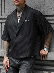 Manfinity CasualCool 男士黑色細直條紋短袖雙排扣西裝襯衫，寬鬆短版復古街頭休閒商務襯衫 - 黑色 - 查看 3