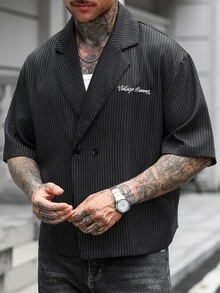 Manfinity CasualCool 男士黑色細直條紋短袖雙排扣西裝襯衫，寬鬆短版復古街頭休閒商務襯衫 - 黑色 - 查看 4
