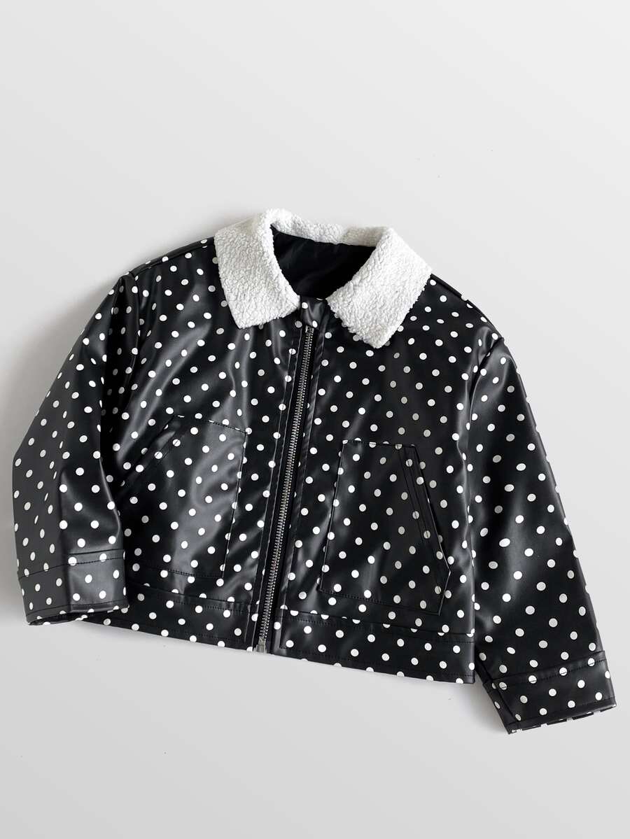 Maija Kids Maija Kids 女童可愛秋冬百搭拼色黑色波點圖案長袖夾克 - 黑色 - 查看 1