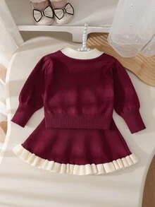 SHEIN 女嬰甜美重裝飾 3D 蝴蝶結荷葉邊針織開襟衫＋裙子 2 件套，寬鬆百搭優雅柔軟可愛長袖毛衣套裝，適合日常穿著、旅行出遊，秋冬款 - 酒紅色 - 查看 2