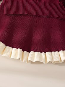 SHEIN 女嬰甜美重裝飾 3D 蝴蝶結荷葉邊針織開襟衫＋裙子 2 件套，寬鬆百搭優雅柔軟可愛長袖毛衣套裝，適合日常穿著、旅行出遊，秋冬款 - 酒紅色 - 查看 8