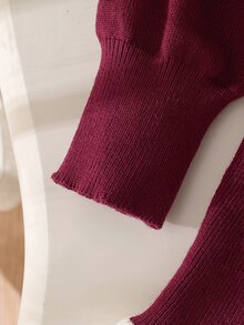 SHEIN 女嬰甜美重裝飾 3D 蝴蝶結荷葉邊針織開襟衫＋裙子 2 件套，寬鬆百搭優雅柔軟可愛長袖毛衣套裝，適合日常穿著、旅行出遊，秋冬款 - 酒紅色 - 查看 5