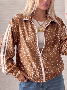 SHEIN EZwear 秋季新款聖誕鹿迷彩紋理拼色條紋女款輕便夾克，秋冬風格，適合日常通勤、約會、聚會、秋冬、夏季、派對、婚禮、海灘、畢業典禮等場合，優雅休閒，適合外出，Y2K風格，音樂節 - 彩色 - 查看 1
