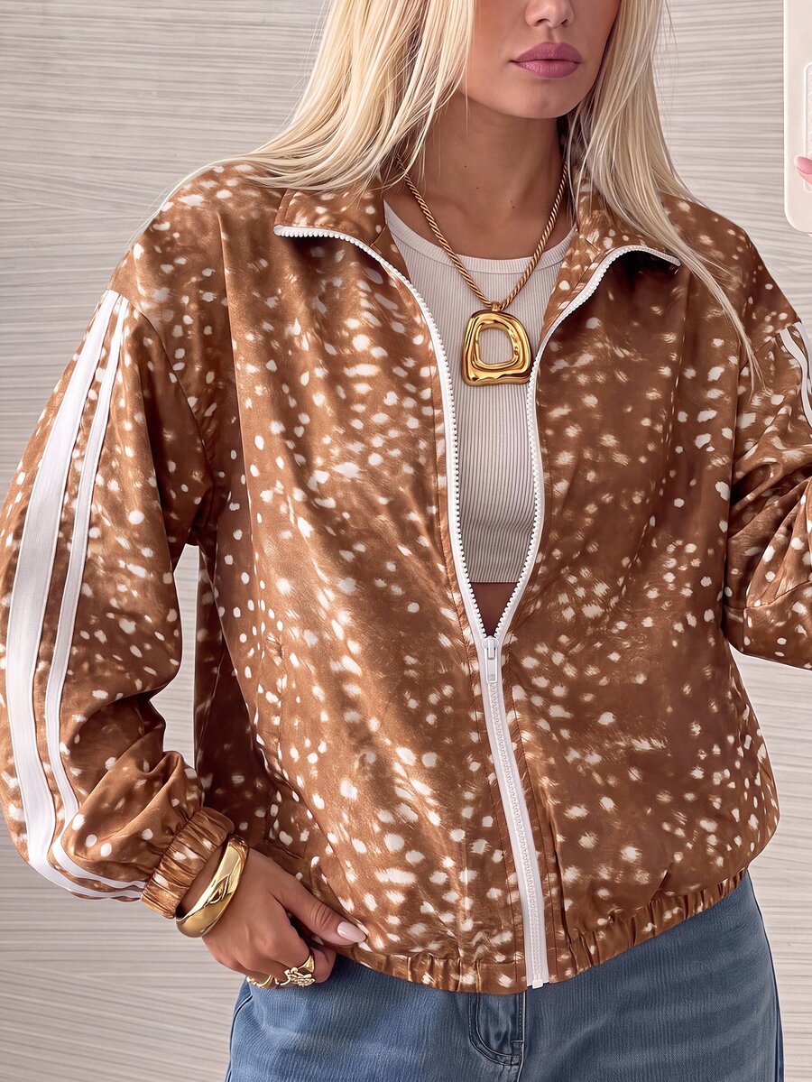 SHEIN EZwear 秋季新款聖誕鹿迷彩紋理拼色條紋女款輕便夾克,秋冬風格,適合日常通勤、約會、聚會、秋冬、夏季、派對、婚禮、海灘、畢業典禮等場合,優雅休閒,適合外出,Y2K風格,音樂節 - 彩色 - 查看 1