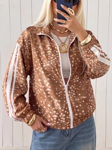 SHEIN EZwear 秋季新款聖誕鹿迷彩紋理拼色條紋女款輕便夾克，秋冬風格，適合日常通勤、約會、聚會、秋冬、夏季、派對、婚禮、海灘、畢業典禮等場合，優雅休閒，適合外出，Y2K風格，音樂節 - 彩色 - 查看 7
