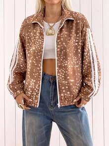 SHEIN EZwear 秋季新款聖誕鹿迷彩紋理拼色條紋女款輕便夾克，秋冬風格，適合日常通勤、約會、聚會、秋冬、夏季、派對、婚禮、海灘、畢業典禮等場合，優雅休閒，適合外出，Y2K風格，音樂節 - 彩色 - 查看 5