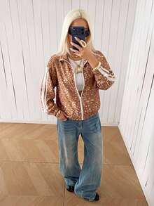 SHEIN EZwear 秋季新款聖誕鹿迷彩紋理拼色條紋女款輕便夾克，秋冬風格，適合日常通勤、約會、聚會、秋冬、夏季、派對、婚禮、海灘、畢業典禮等場合，優雅休閒，適合外出，Y2K風格，音樂節 - 彩色 - 查看 4