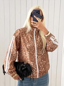 SHEIN EZwear 秋季新款聖誕鹿迷彩紋理拼色條紋女款輕便夾克，秋冬風格，適合日常通勤、約會、聚會、秋冬、夏季、派對、婚禮、海灘、畢業典禮等場合，優雅休閒，適合外出，Y2K風格，音樂節 - 彩色 - 查看 6
