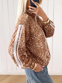 SHEIN EZwear 秋季新款聖誕鹿迷彩紋理拼色條紋女款輕便夾克，秋冬風格，適合日常通勤、約會、聚會、秋冬、夏季、派對、婚禮、海灘、畢業典禮等場合，優雅休閒，適合外出，Y2K風格，音樂節 - 彩色 - 查看 3