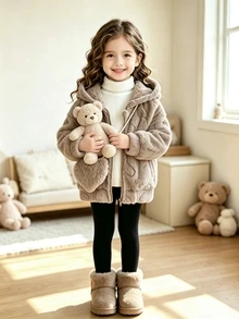 Elladie kids Girls' Fuzzy Jacket With 3D Heart Textured Pattern, Soft And Cute, Adds Sweet Girlish Charm, Plush Material, Soft Touch, Comfortable To Wear, Warm, Suitable For Autumn/Winter, Comes With Matching Color Crossbody Bag, Small And Cute Design, Practical And Fashionable - Khaki - View 6