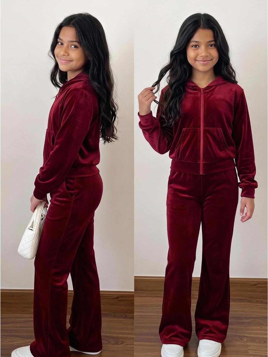 Tween Girl Solid Color Zip-Up Hoodie And Pants Casual Daily Outfit,Autumn/Winter,Fall,Fall Clothes,Long Sleeve Tops,Christmas/Halloween - Burgundy - View 1