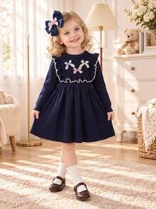 Souflis Souflis Fresh And Sweet Style Girls' Olive Green Knitted Dress With Ruffle Hem And Bowknot Accents, Super Cute For Spring/Autumn And Autumn/Winter, Suitable For Family Parties, School Events Or Daily Outings - Navy Blue - View 10