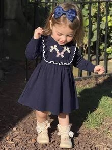 Souflis Souflis Fresh And Sweet Style Girls' Olive Green Knitted Dress With Ruffle Hem And Bowknot Accents, Super Cute For Spring/Autumn And Autumn/Winter, Suitable For Family Parties, School Events Or Daily Outings - Navy Blue - View 1