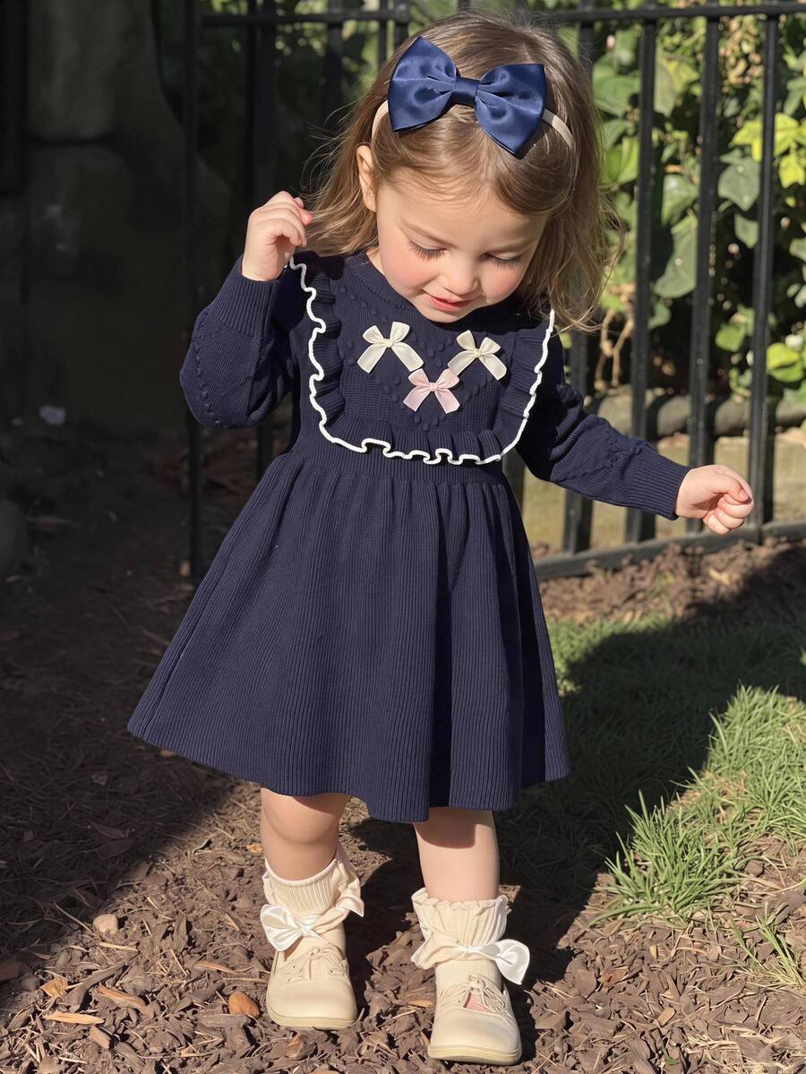 Souflis Souflis Fresh And Sweet Style Girls' Olive Green Knitted Dress With Ruffle Hem And Bowknot Accents, Super Cute For Spring/Autumn And Autumn/Winter, Suitable For Family Parties, School Events Or Daily Outings - Navy Blue - View 1