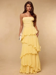 SHEIN BAE CURVE فستان أصفر بدون حمالات مطوي للنساء مقاس كبير - أوزة صفراء - مشاهدة 4