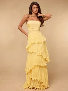 SHEIN BAE CURVE فستان أصفر بدون حمالات مطوي للنساء مقاس كبير - أوزة صفراء - مشاهدة 5