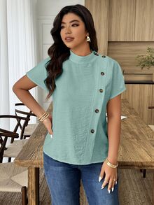 Weeklong Women's Casual Asymmetric Button Front Loose Blouse, Suitable For Daily Wear And Office Attire, Spring/Summer Chic - Mint Green - View 6