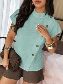 Weeklong Women's Casual Asymmetric Button Front Loose Blouse, Suitable For Daily Wear And Office Attire, Spring/Summer Chic - Mint Green - View 4