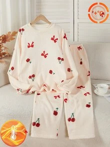 SHEIN 2件組新款毛絨杏色印花長袖圓領上衣與長褲，時尚毛絨面料，適合青少年女孩（1套單獨販售） - 杏色 - 查看 4