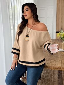 Weeklong Plus Size Women Spring/Summer Asymmetric Collar Contrast Trim Casual Vacation Shirt Fall - Khaki - View 4