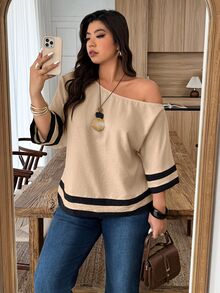 Weeklong Plus Size Women Spring/Summer Asymmetric Collar Contrast Trim Casual Vacation Shirt Fall - Khaki - View 5