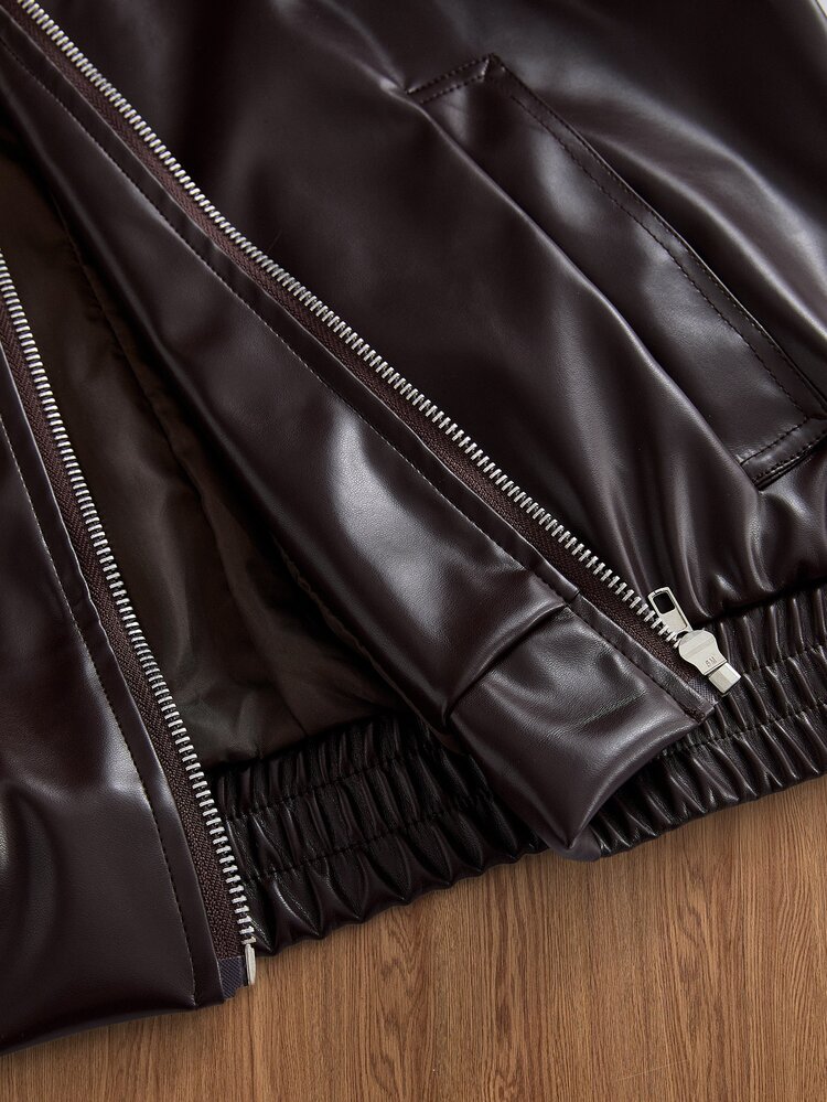 SWAVVY Men's Woven Fashion Casual Young PU Leather Fitted Long Sleeve Jacket - Coffee Brown - View 8