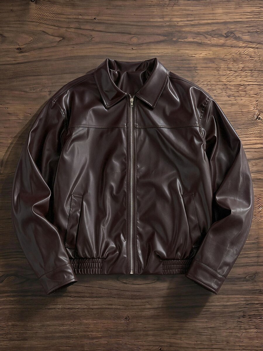 SWAVVY Men's Woven Fashion Casual Young PU Leather Fitted Long Sleeve Jacket - Coffee Brown - View 1