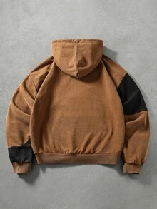 ROMWE MEN Men's Washed Distressed Fabric Colorblock Patchwork Loose Fit Hoodie - Brown - View 2